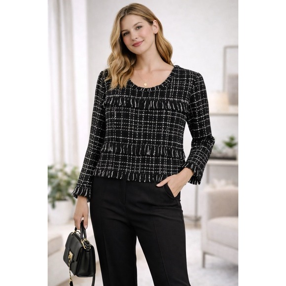 Zara Tops - Zara Women's L Black White Tweed Long Sleeve Pullover Blouse Fringe Crop Work